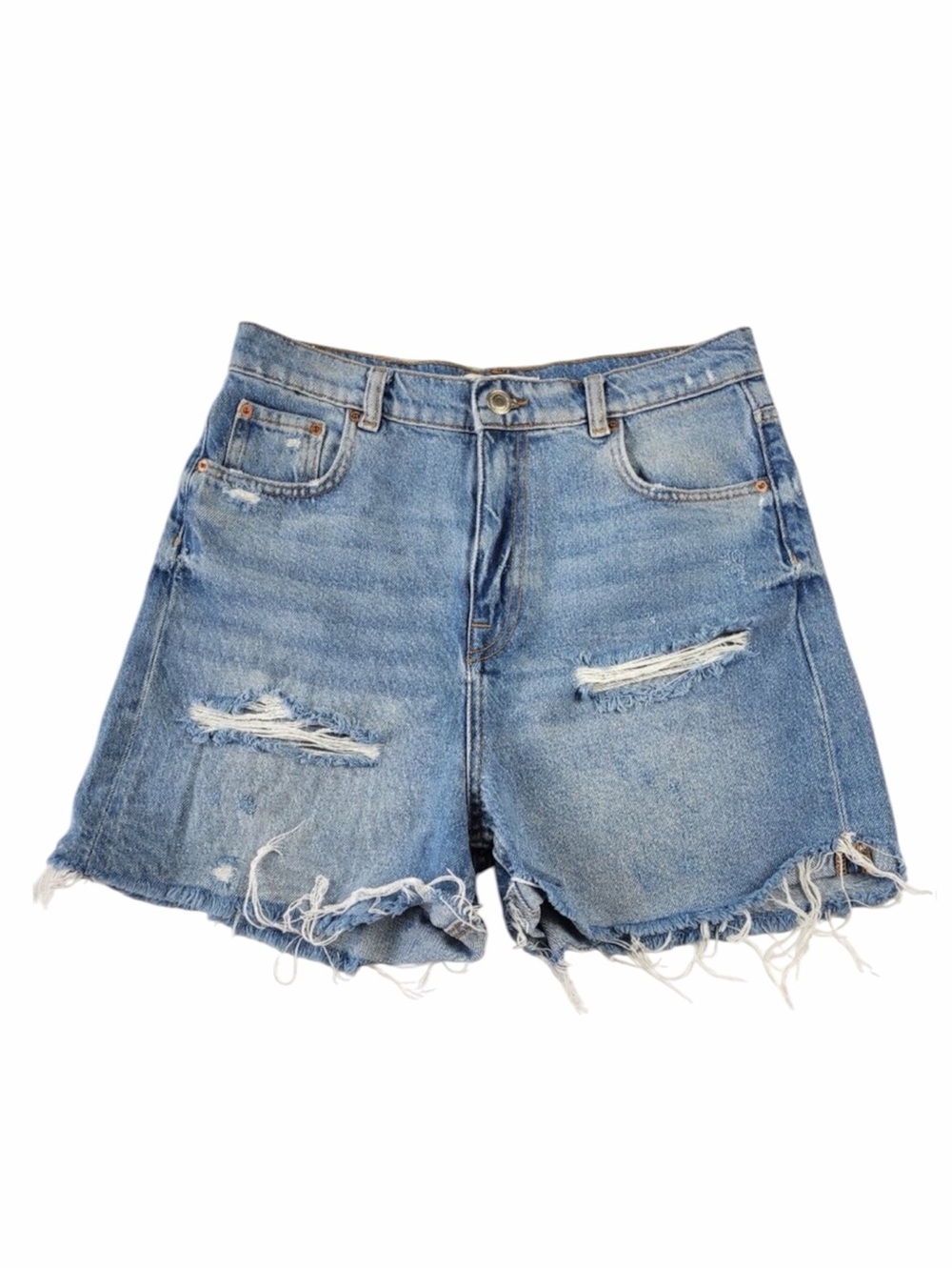 ✅ Zara woman's denim blue distressed high waisted The 90’s Bermuda shorts size 6